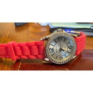 Women's Bay Studio Watch, Silver Tone with Rhinestone Bezel, Pink Poly Band